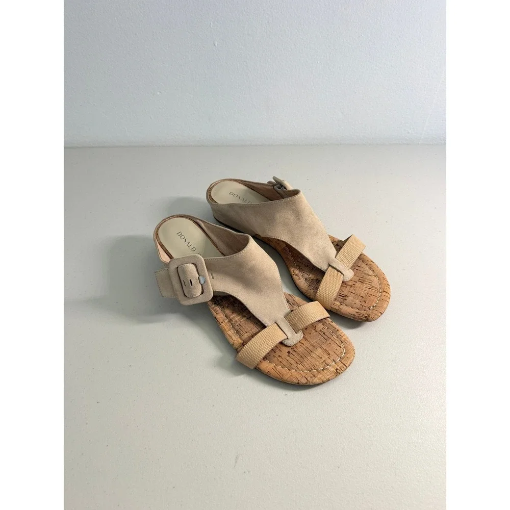 Donald Pliner‎ Ofelia Beige Suede Cork Wedge Sandals Shoes 9.5 Low Heel Buckle
